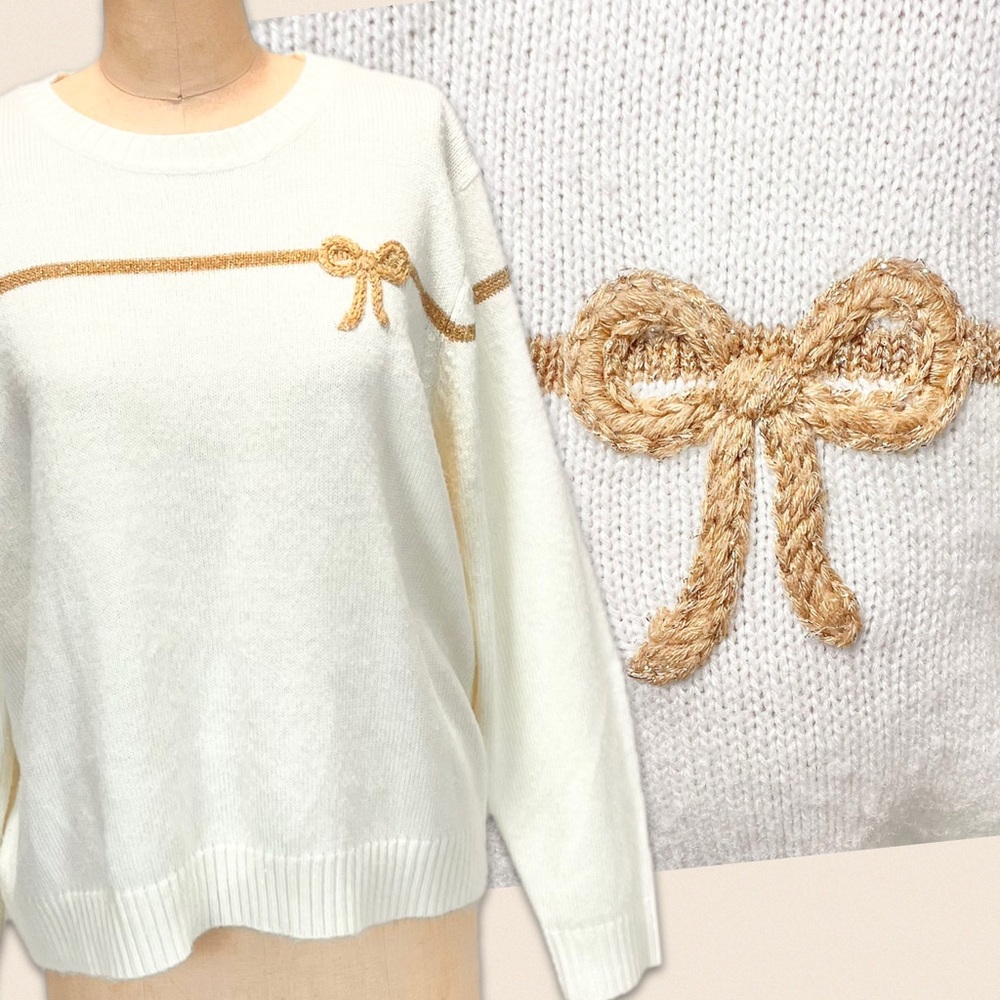 VINTAGE 90s Liz Claiborne Russ gold metallic bow tie knit sweater cream elegant